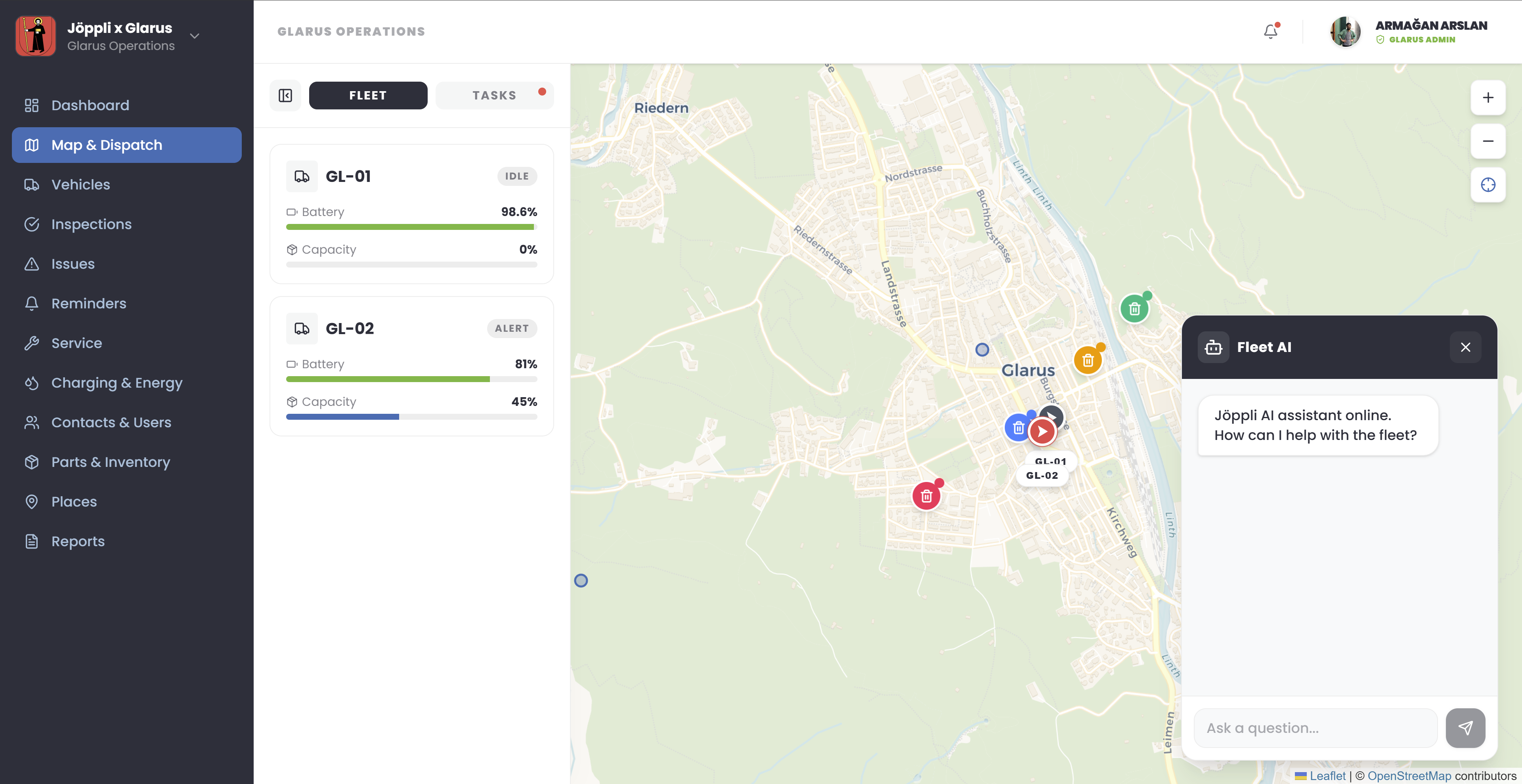 Jöppli fleet dispatch console — live map, vehicles and tasks